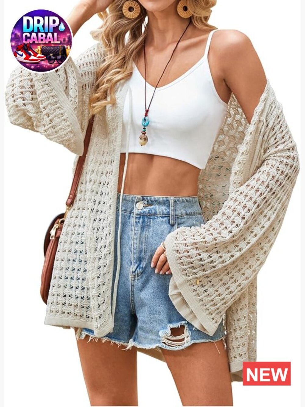 Crochet Cardigan Sweater Lightweight Knitted Batwing Sleeve Hollow Out Tie